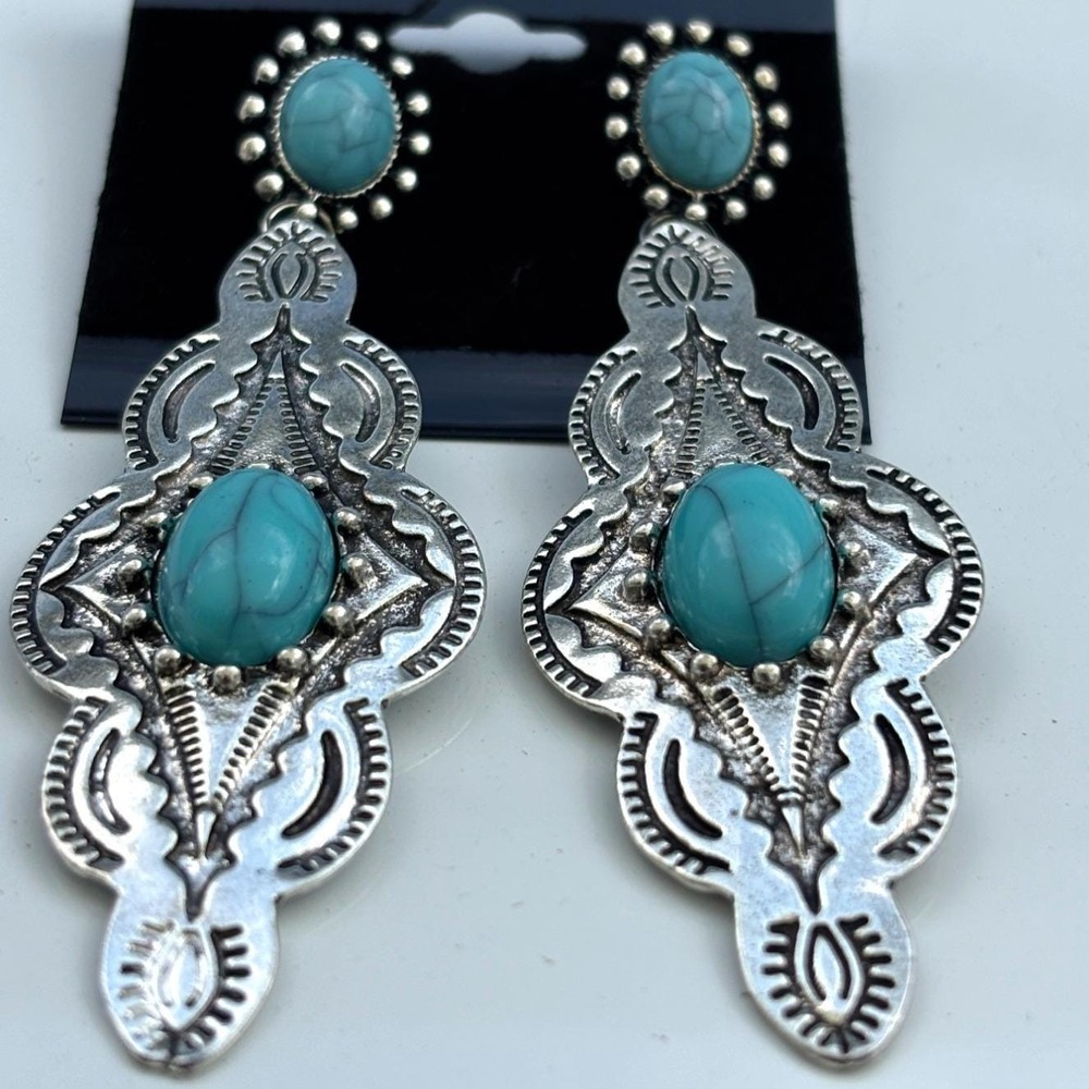 Western SilverTone Dangle Earrings With Turquoise Style Stones - Picture 2 of 4